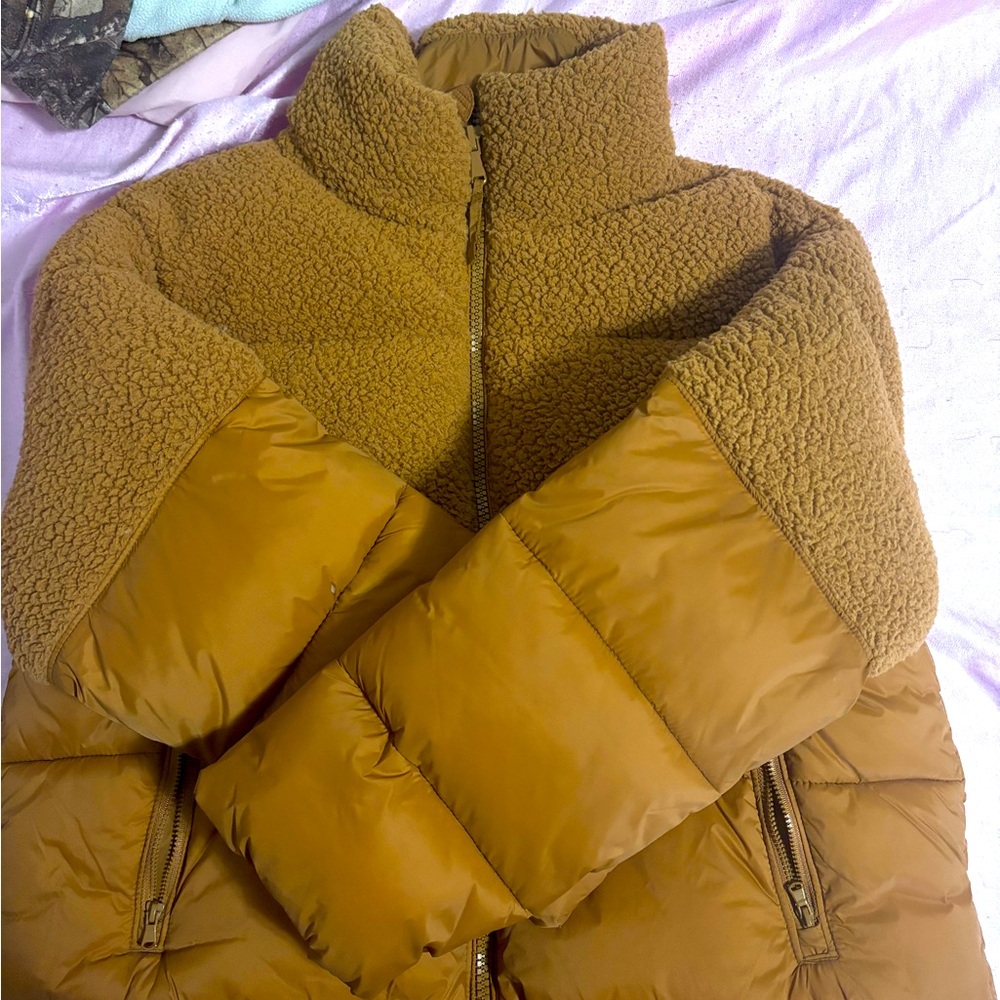 Brown and fuzzy old navy cropped puffer coat